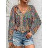 Women V Neck Boho Paisley Print Long Sleeve Blouse Multi Color Ethnic Loose Fit Summer Vacation Casual Top