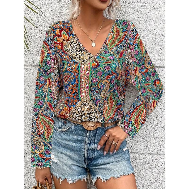 Women V Neck Boho Paisley Print Long Sleeve Blouse Multi Color Ethnic Loose Fit Summer Vacation Casual Top