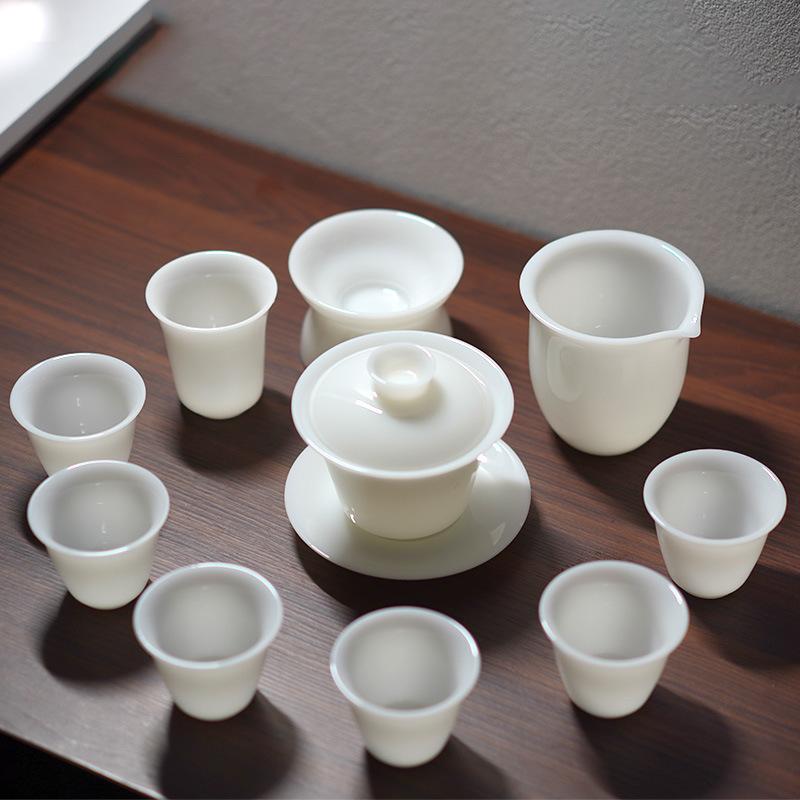High-End Jade White Porcelain Kung Fu Tea Set, Home Office Set, High-End Tea Making Cover Bowl, Tea Cup Gift