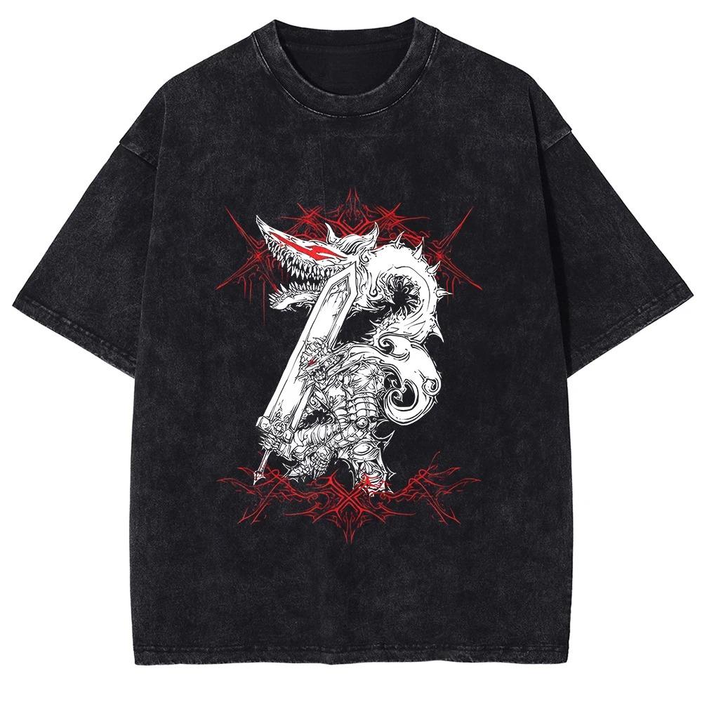 Manga Berserk Griffith Print T-shirt Harajuku Washed Oversized T Shirt High Quality Cotton Short Sleeve Tees Men Women Clothing