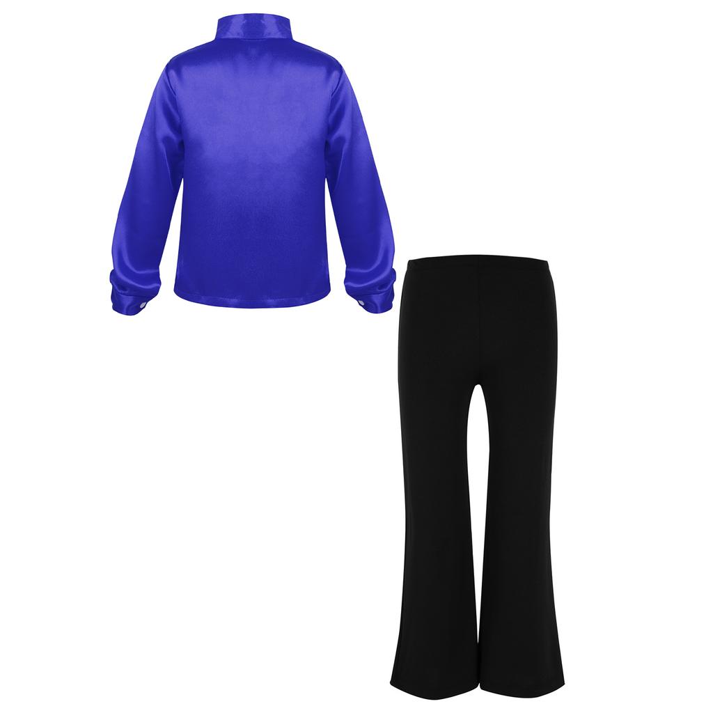 Copii Băieți Ținută Dans Jazz cu Sclipici Cămașă cu Mânecă Lungă cu Paiete și Nasturi Pantaloni de Performanță Costum de Scenă