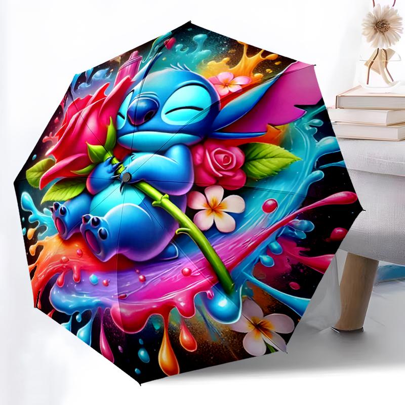 1pc Sturdy 8-Bone Auto Umbrella, Stitch Rainbow Pastel Floral Burst Umbrella, Digital Printed, Foldable Umbrella for On-the-Go Outdoor Use