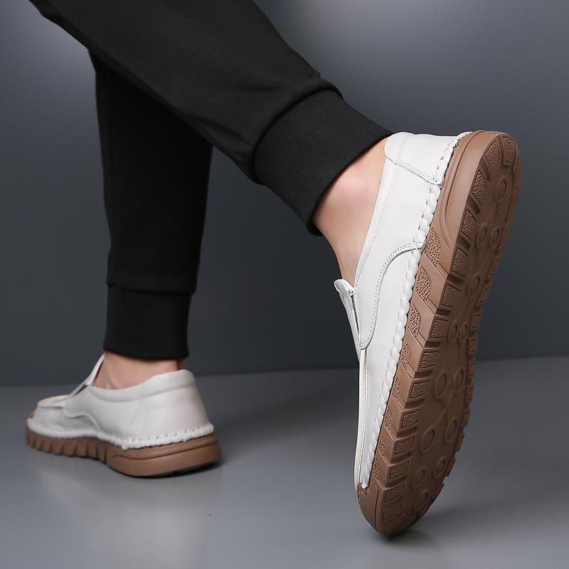 Pierwsza warstwa skóry bydlęcej, męskie codzienne małe białe buty, oddychające buty typu slip-on do jazdy, mężczyźni