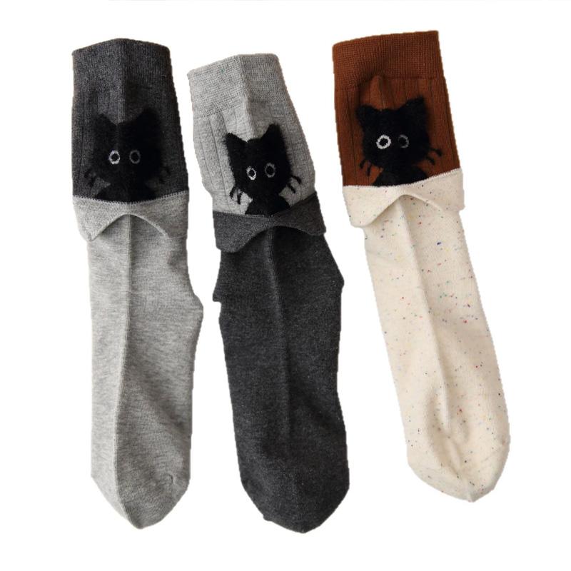 1 Paire Chaussettes Mi-Mollet Mignonnes Chatons Dessin Animé pour Femmes Filles Chaussettes en Coton Automne Hiver