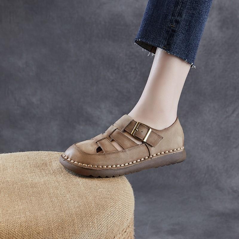 Johnature Genuine Leather Retro Round Toe Sandals Hollow-out Breathable Versatile Women's Flat Shoes