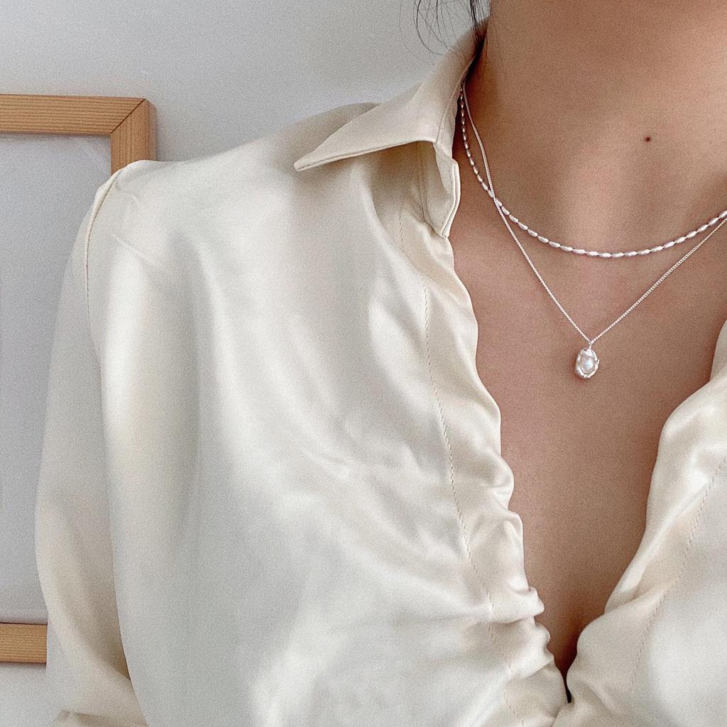 Japanese & Korean Minimalist Peanut Pearl Necklace: Gold/Silver Clavicle Chain with Children's Lock