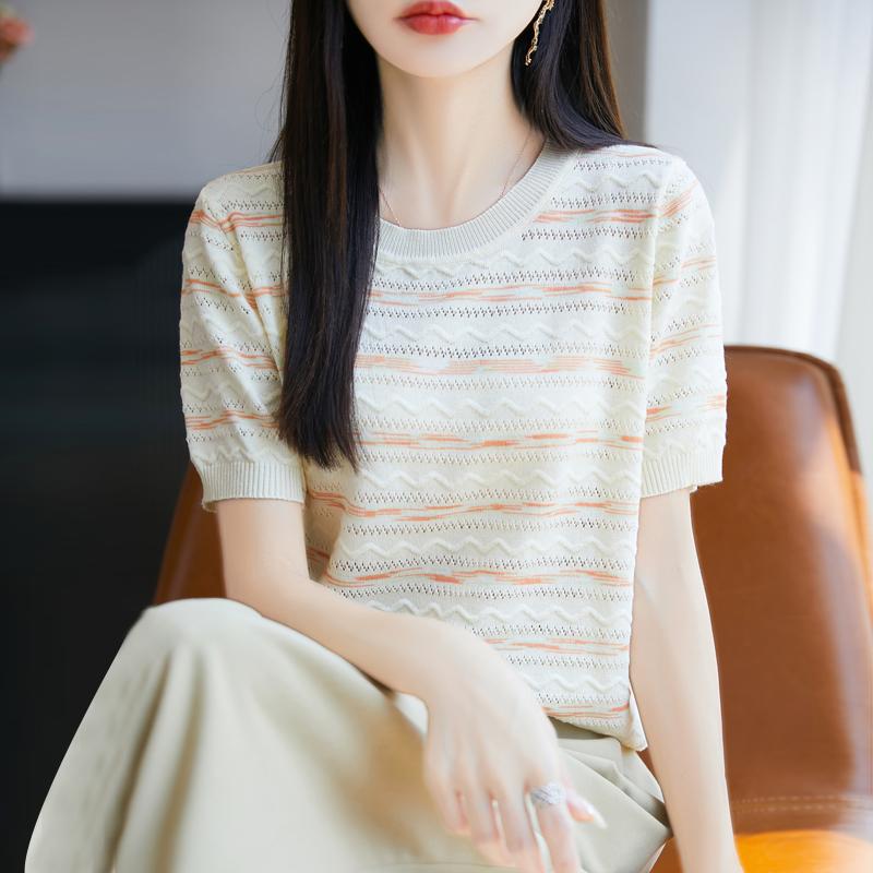 Women Knit T-shirt Summer Knitted Shirt Short Sleeve Tees O-neck Pullover Knit Tops Female