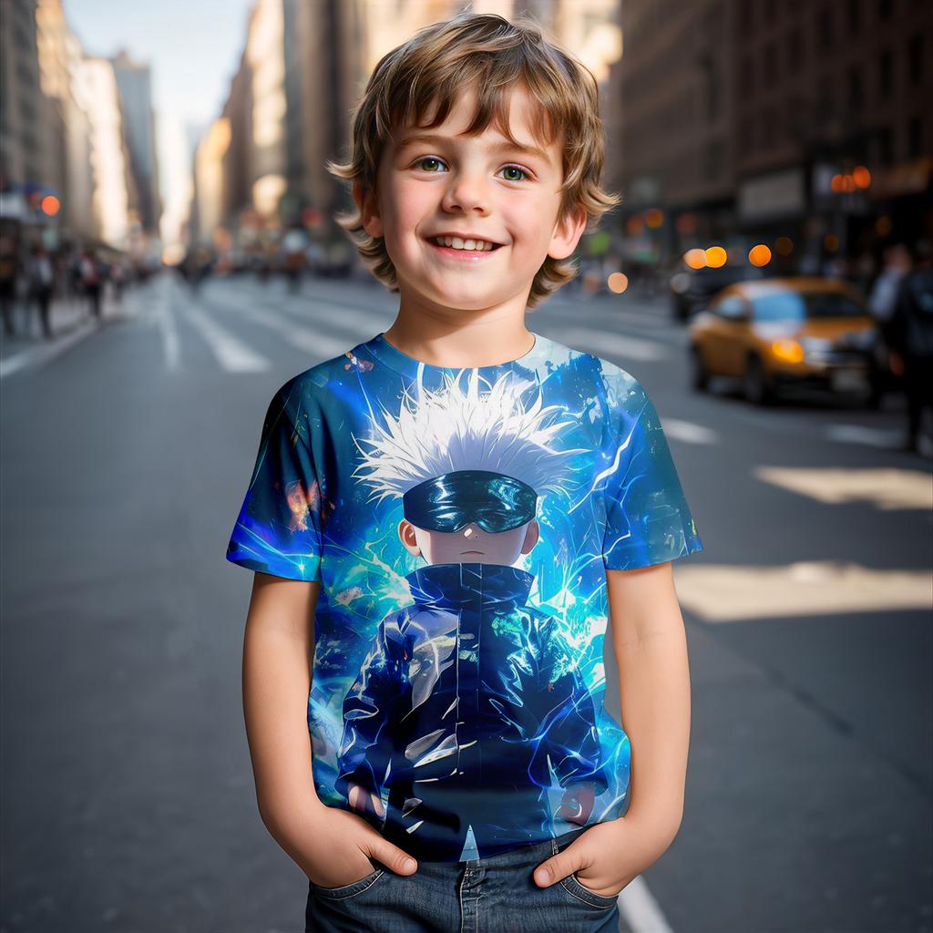 Summer Round Neck 3D Gojo Satoru Jujutsu Kaisen Printed Top Fashionable Casual Short Sleeved Children's Boy T-shirts