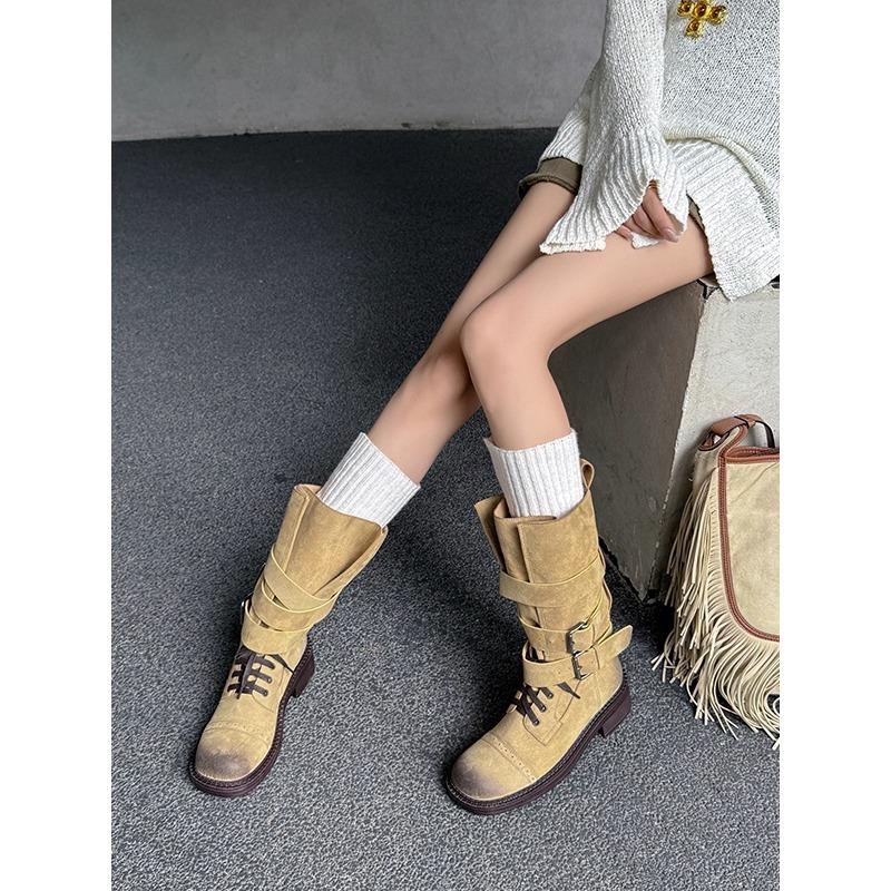 Lan Cabinet 2025 autumn and winter new retro western cowboy boots women's versatile casual mid-tube boots niche locomotive boots