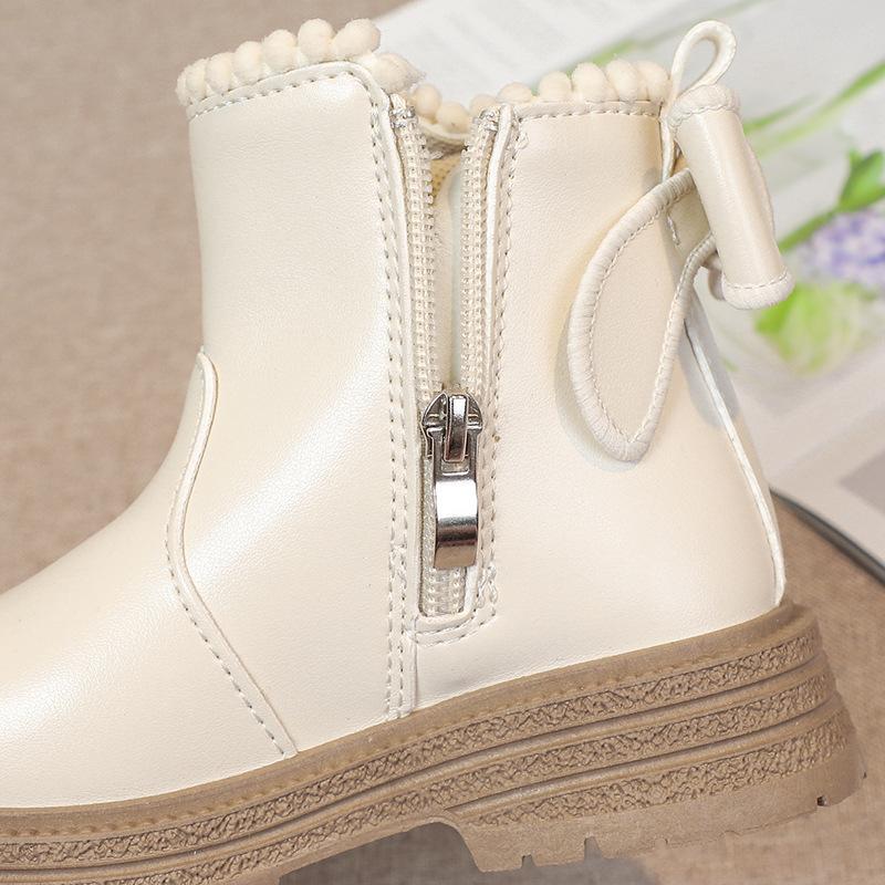 Children's Princess Style Single Boots Plus Velvet Short Boots Non-slip Soft Sole Leather Boots Side Zipper Warm Cotton Boots