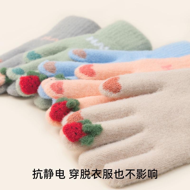 Gloves female autumn and winter fingers cute cold-proof warm knitted velvet cycling gloves five fingers