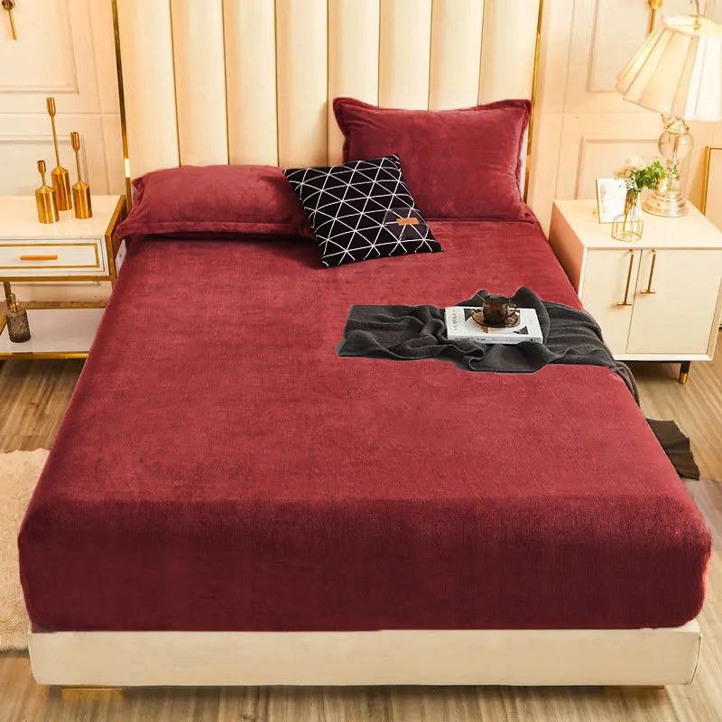 WOSTAR Winter warm plush fitted sheet elastic mattress cover fluffy flannel bed linens couple luxury double bed bedding 160x200