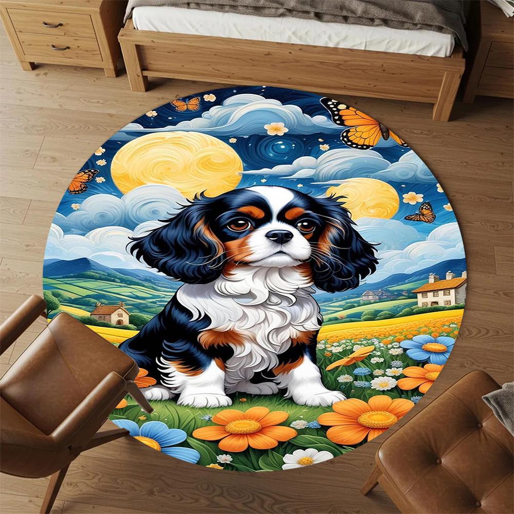1PC King Charles Spaniel Round Chair Mat Area Rug - Non-Slip, Floor Mat for Office, Bedroom, Home Decor Christmas Gift C0528055