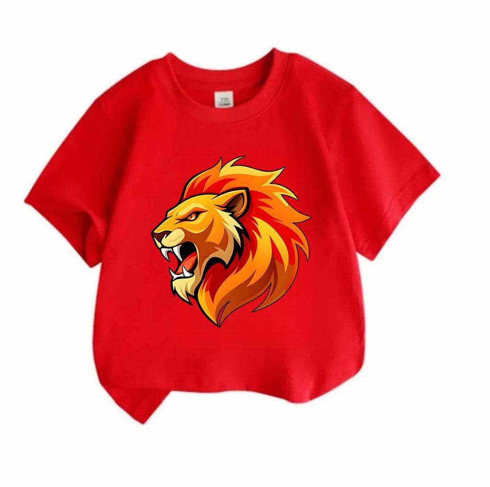 Kids Boys Girls Crew Neck Short Sleeve 100% Cotton T-Shirt, Cool Roaring Fire Lion Head Graphic Casual Soft Summer Tees Tops for Children Daily Wear