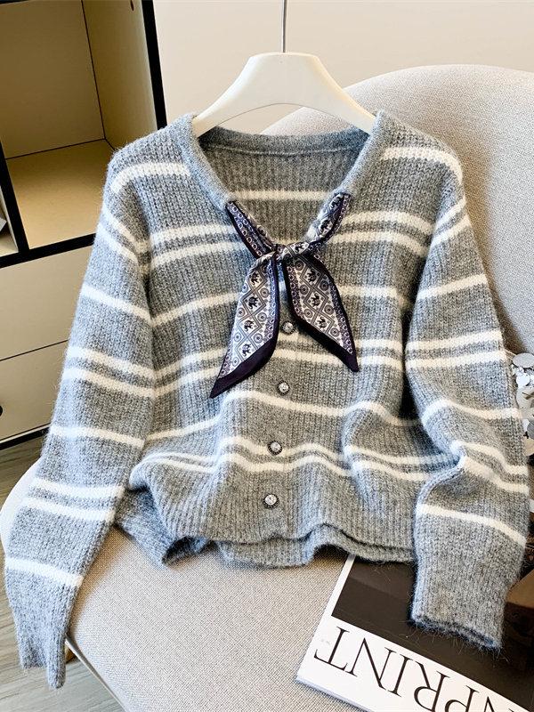 Autumn/Winter 2026 Women's V-neck Striped Knit Cardigan: Loose Yet Slimming Long Sleeve Sweater