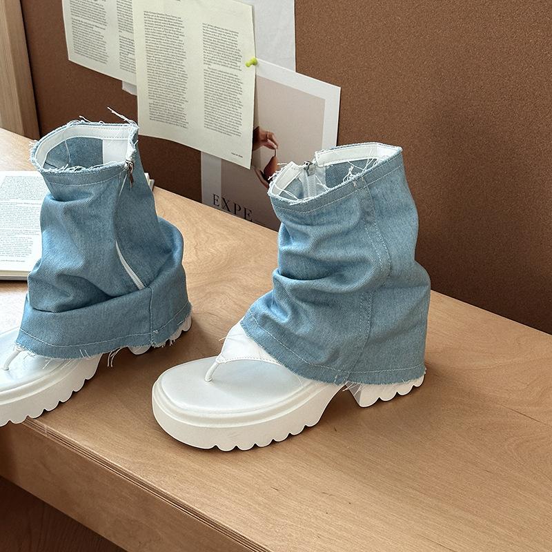 

лето 2025 новый темный милый крутой носок маффин толстая подошва джинсовые сандалии-трубы с открытым носком модные ботильоны для уборки 40