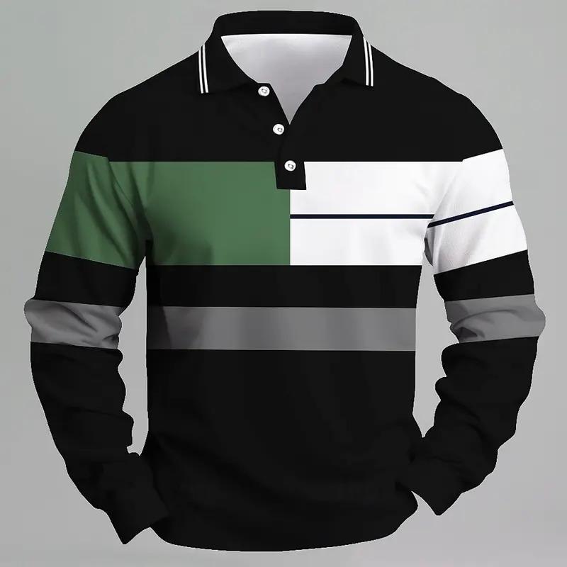 2025 Fashion Men'S Color Block Long Sleeve Polo Shirt Breathable Casual Tops Slim Fit Quick Drying Classic Collar Polo Shirt