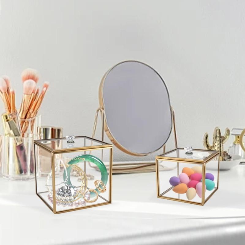 Elegant Glasbomullspinne Förvaringslåda Med Guldaccent Dammtät Transparent Organiserare För Badrum Och Heminredning