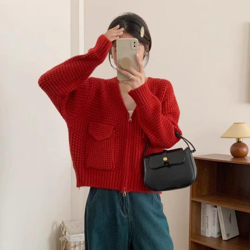 

Short waffle double zipper knitted cardigan women s autumn and winter new loose versatile sweater jacket tide One size