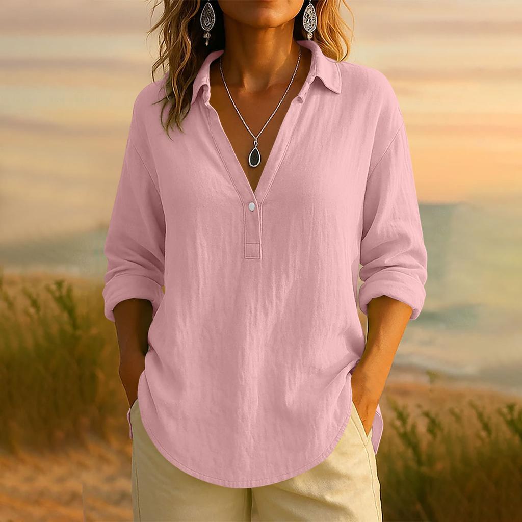 Women's Casual Fashionable Comfortable Solid Color Loose V-Neck Button-Down Long Sleeve Top Shirt