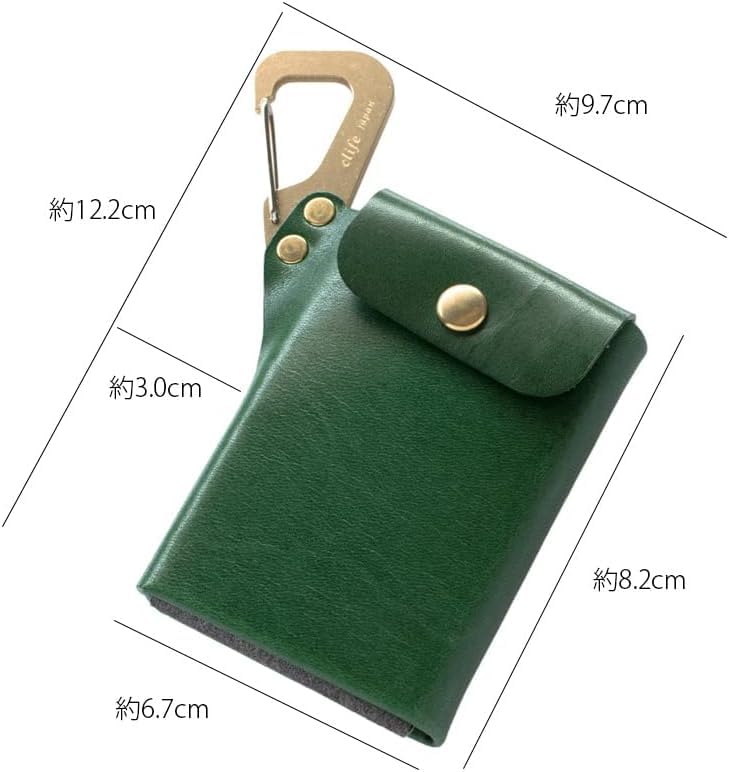 Cliff Men's Card Case with Carabiner, Made In Japan, Leather and Brass (Navy)