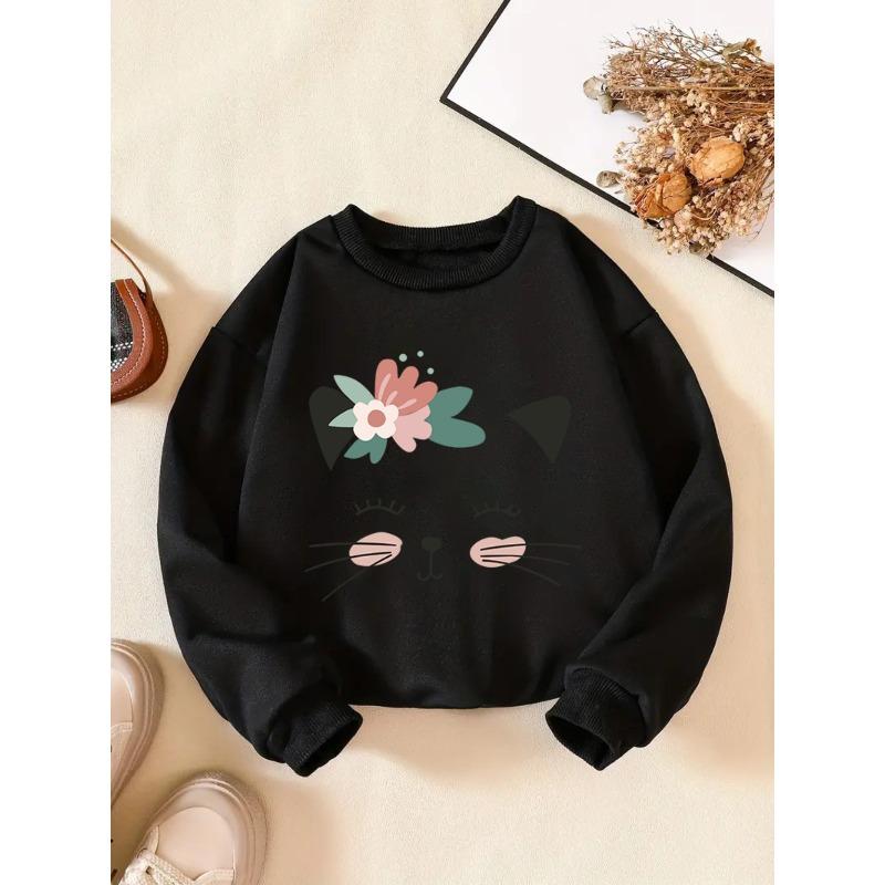 Graphic Print Girls Long Sleeve Sweatshirt For Spring & Fall, Comfy Pullover Sweatshirt 110 чёрный