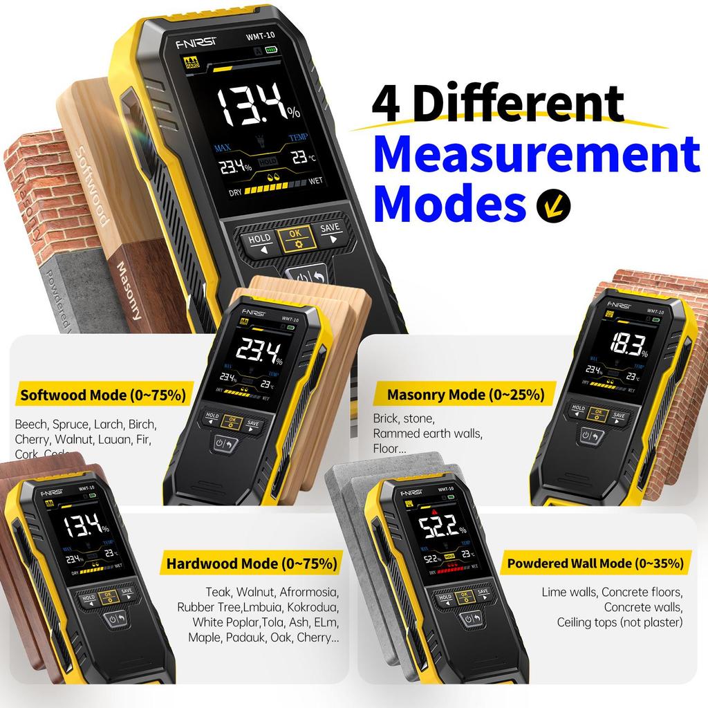 Digital Inductive Wood Moisture Meter WMT-10 With 4 Modes 17mm Depth 75% Range 0.1% Accuracy Data Record For Wood Masonry Wall
