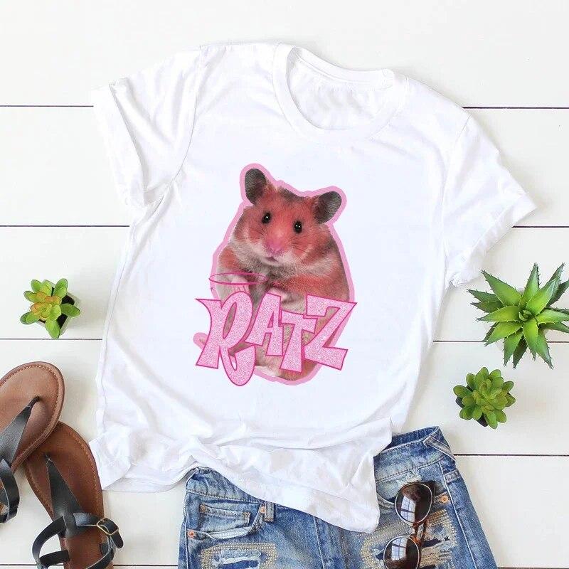 Woman Kawaii Ratz Mouse Tree Print Harajuku Summer Unisex Tshirts Casual Round Neck Short Slee Top Tee Shirt Women T-shirt Drop Ship