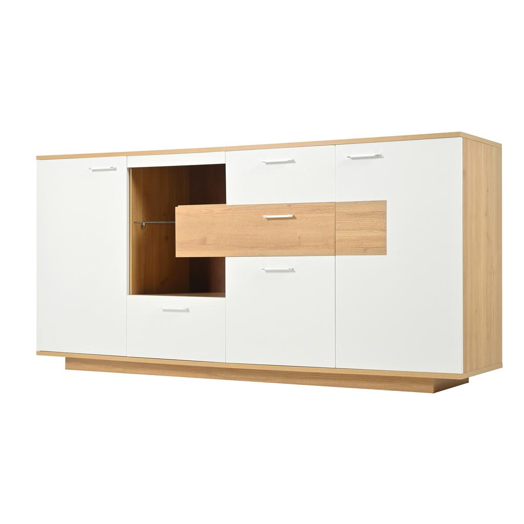 Credenza Moderna con Ampio Spazio di Archiviazione, con Illuminazione LED, 160x40x77cm, 2 Ante, 4 Cassetti, Ripiano in Vetro, Effetto Legno, Bianco.
