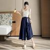 Women's High Rise Tencel Skirt Pants Loose Wide Leg Capri Jeans Soft Drape Pocket Cropped Trousers With Lace Pendant Ultra Thin Summer Pants