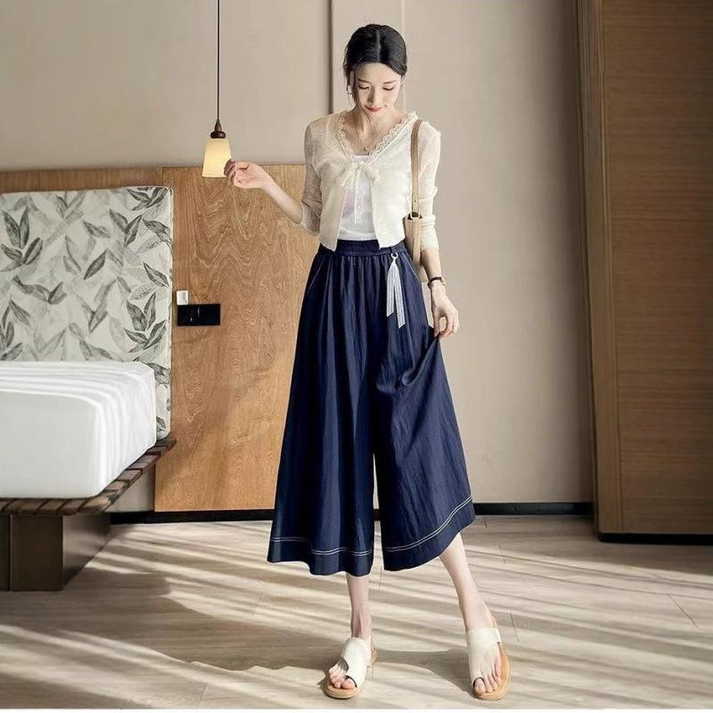 Women's High Rise Tencel Skirt Pants Loose Wide Leg Capri Jeans Soft Drape Pocket Cropped Trousers With Lace Pendant Ultra Thin Summer Pants
