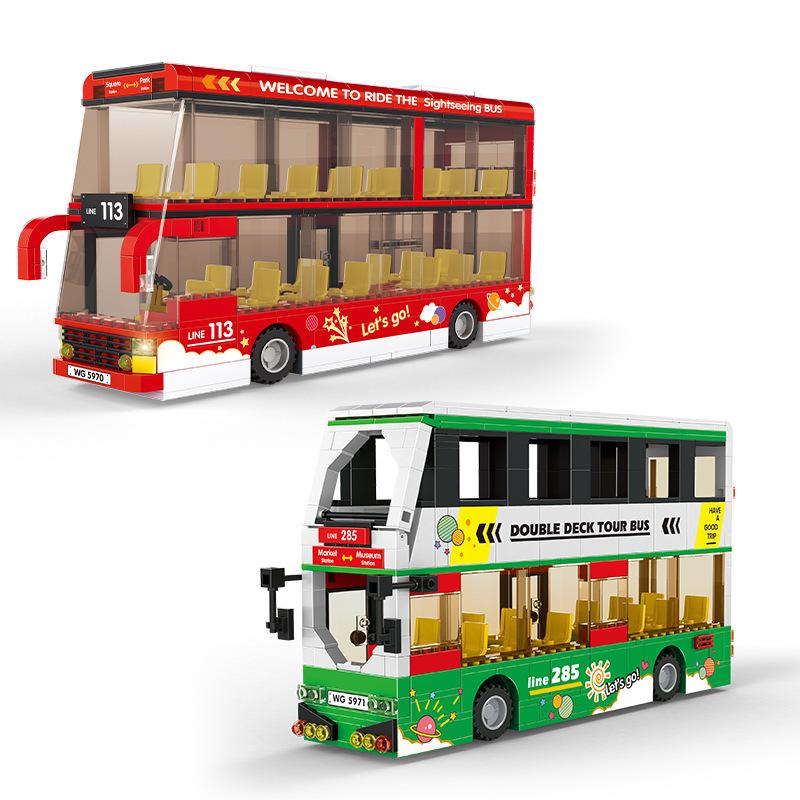 Double-Decker Bus School Bus Building Blocks, Transportation Tools, Small Particle Assembly Building Blocks Boy Toys