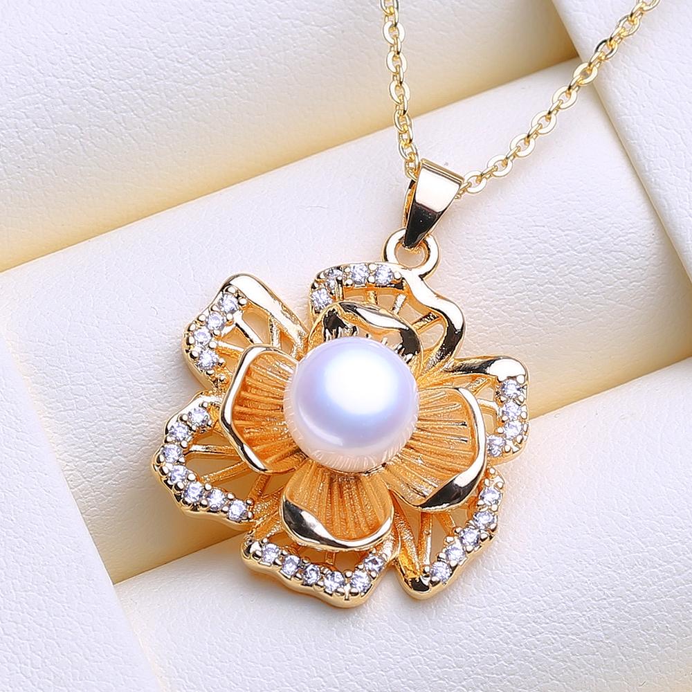 LSOOYH Natural Freshwater Pearl Jewelry Necklaces For Women Elegant Gold Color Flower Pendant Birthday Gift