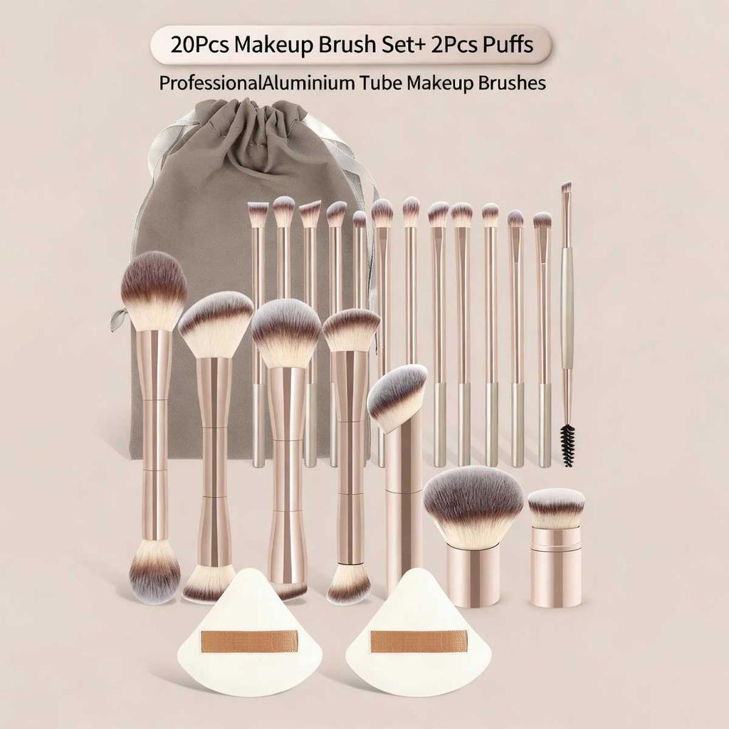 22pcs Professional Makeup Tools Set With Velvet Bag,20pcs Soft Long Aluminum Tube Makeup Brush Set+2pcs Powder Puffs Accessories