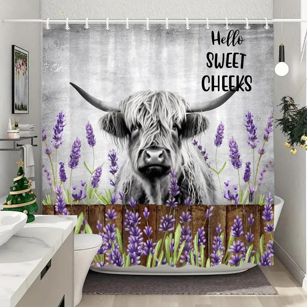 Funny Highland Cow In Bathtub Shower Curtain Green Plants Eucalyptus Leaves Sunflower Lavender Shower Curtains Bathroom Decor