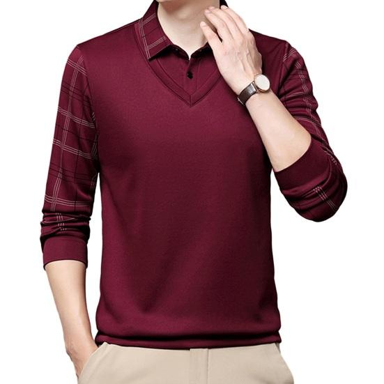 Fall Winter Men Sweater Fake Two-piece Lapel Plaid Slim Fit Thick Plush Warm Knitted Soft Long Sleeve Pullover Formal Business Style Mid-aged Men Top