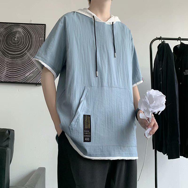 Men's Hooded Ice Silk Contrast Color Two-Piece Short Sleeve T-Shirt, Hong Kong Style, Loose Summer Trend.
