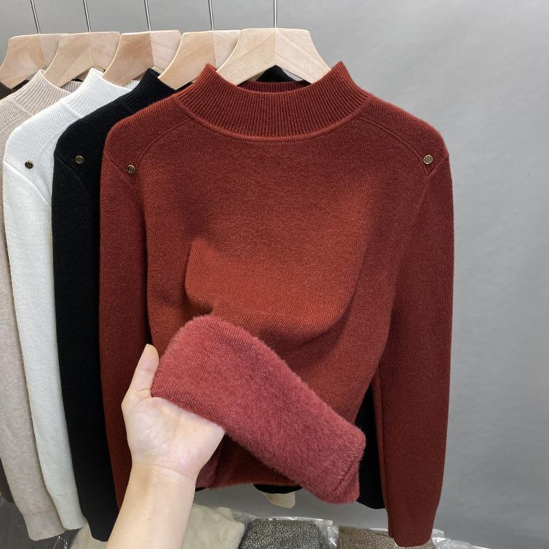 One-piece Fleece Semi-turtleneck Sweater Women's Fleece Thickened Bottoming Shirt Autumn and Winter New Knitted Sweater with Top Tide