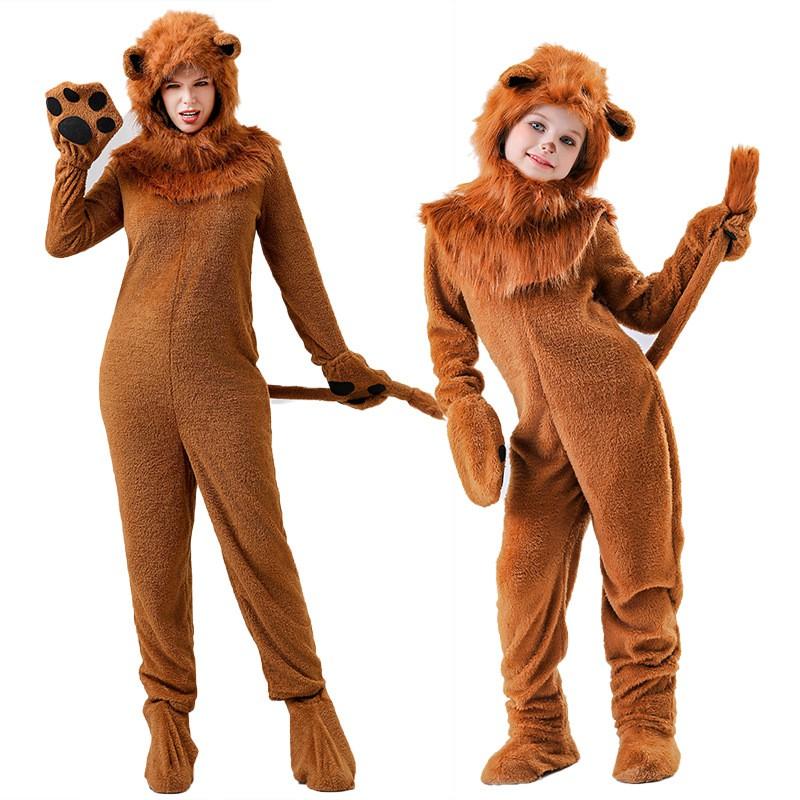 Kids Adult Matching Lion Costume Set Plush Animal Onesie Halloween Party Stage Performance