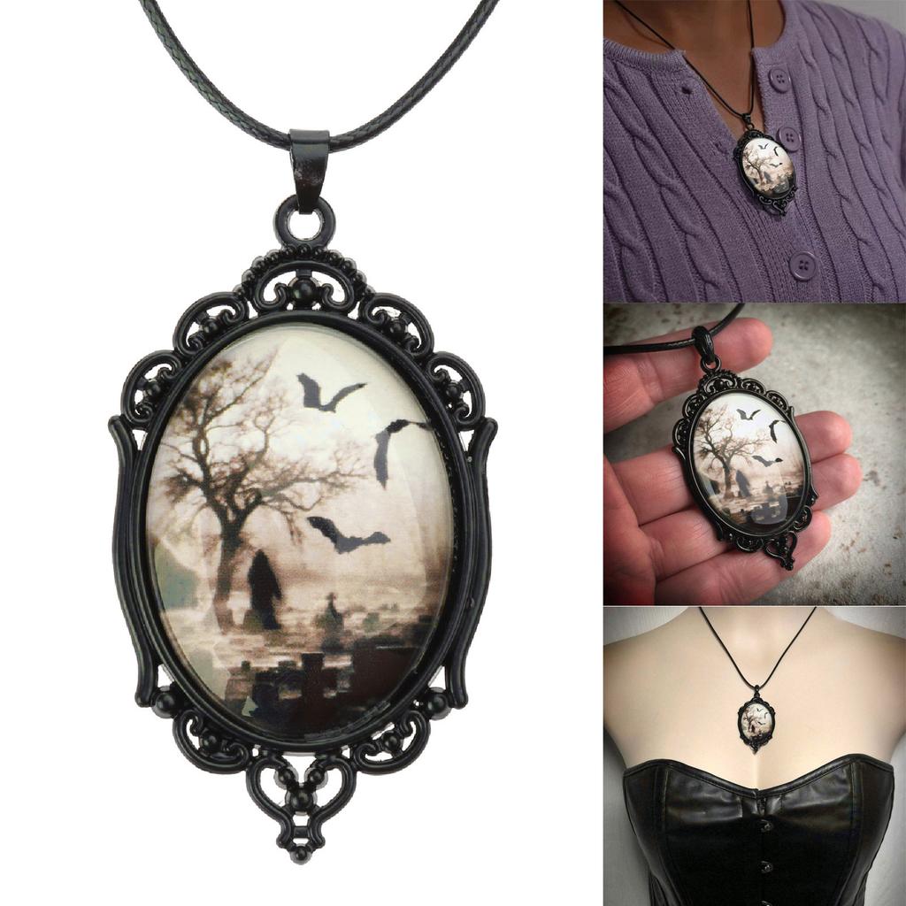Bat Cemetery Glass Pendant Necklace Punk Choker Necklace Halloween Clavicle Chain Necklace Gothic Jewelry for Women Men