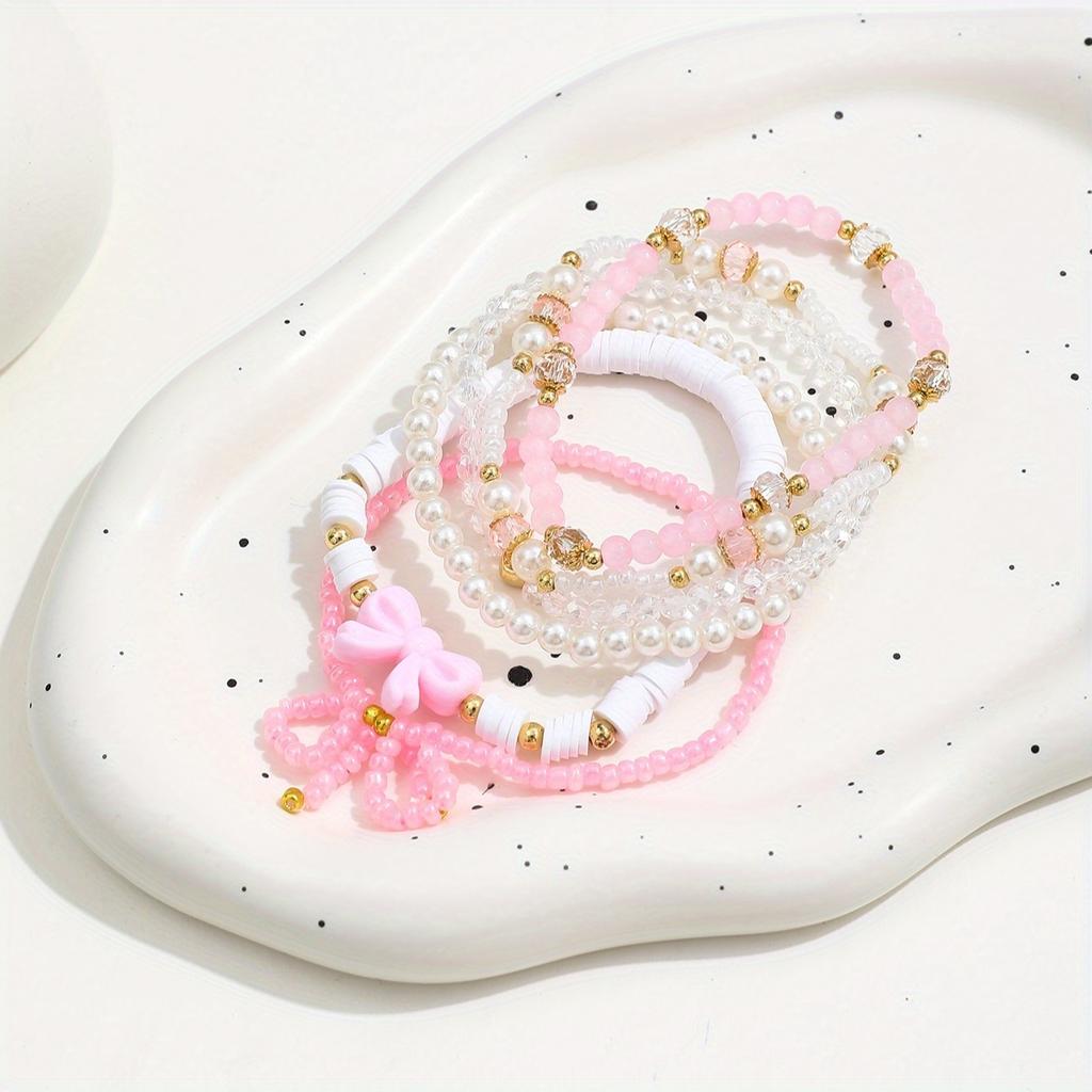 [Niedliches Perlenarmband] 6 Stück Niedlich Sexy Glasperle Imitationsperle Fimo Handgefertigt Positionierungsperlen Stapelarmband Set | Rosa Serie