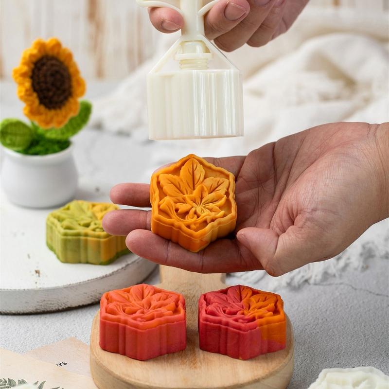 Professional Autumn Maple Leaf Hexagonal Shape Moon Cake Press Molds Easy Hand Operated ABS Kitchen Baking Accessories