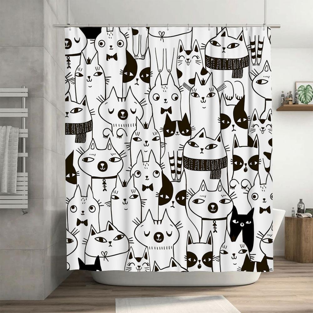 Black White Cartoon Cat Print Shower Curtain Waterproof Fabric For Bathroom Decorations Diy Home Decoration