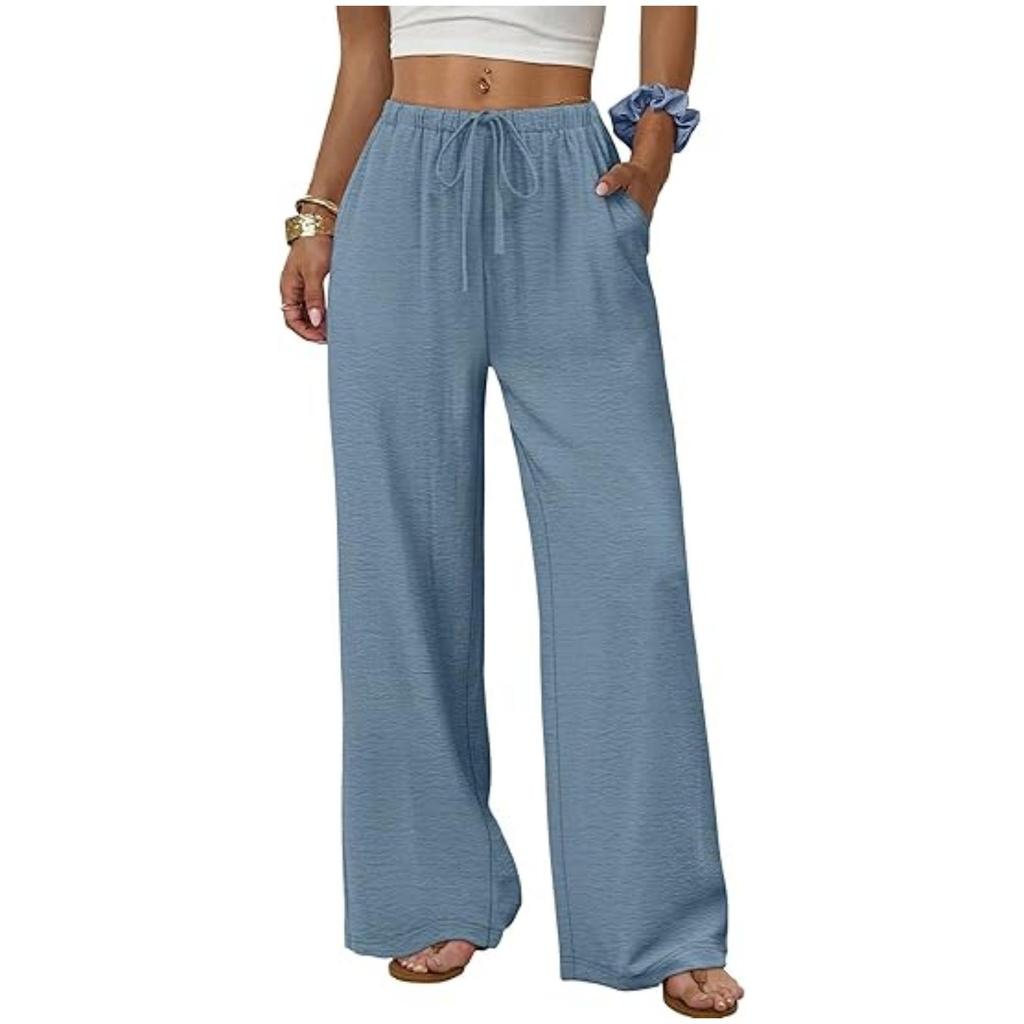 European & American Women's Casual Solid Wide-Leg Beach Pants with Elastic Waist & Pockets