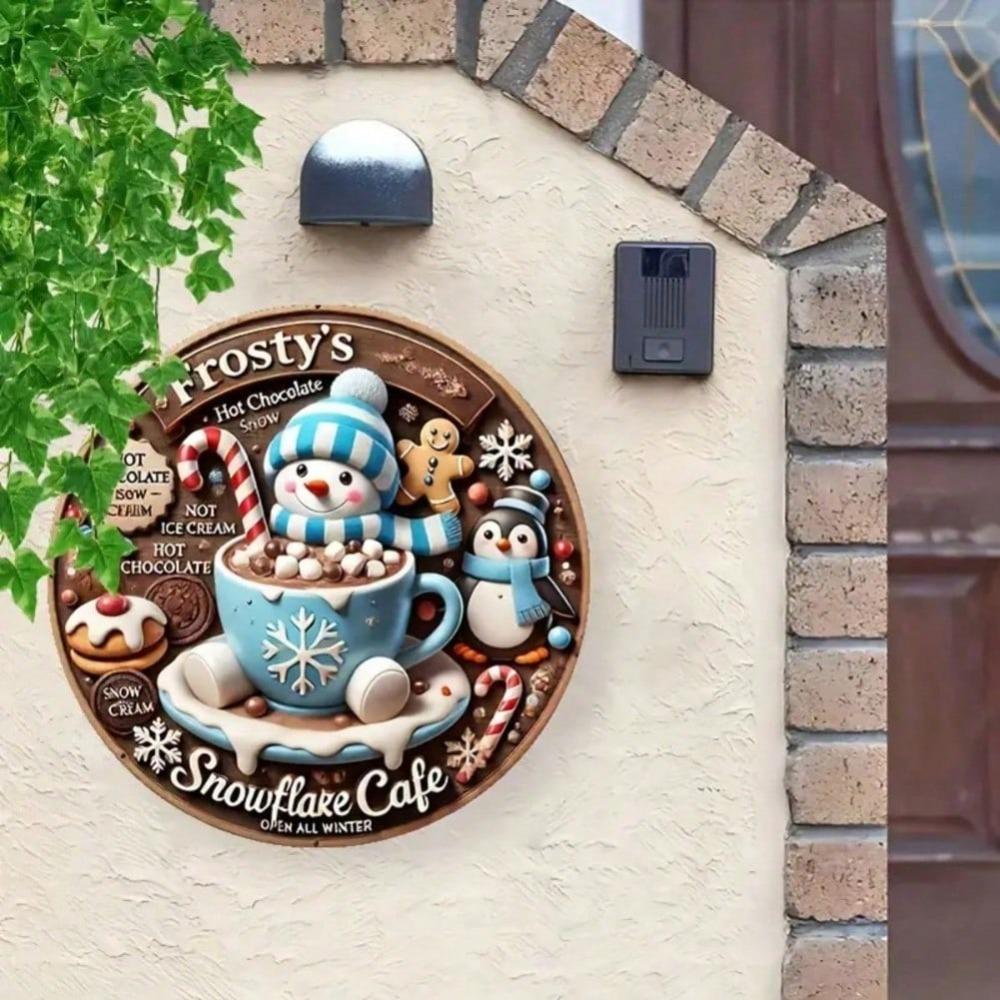 Winter Joy Cafe Metal Wall Art Frosty Snowflake Round Sign Home Decor Gift