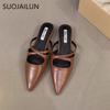 Fashion SUOJIALUN 2024 Summer New Women Flat Shoes Fashion Pointed Toe Slip On Mules Shoes Soft Flat Heel Outdoor Vaction Ladies Sandals