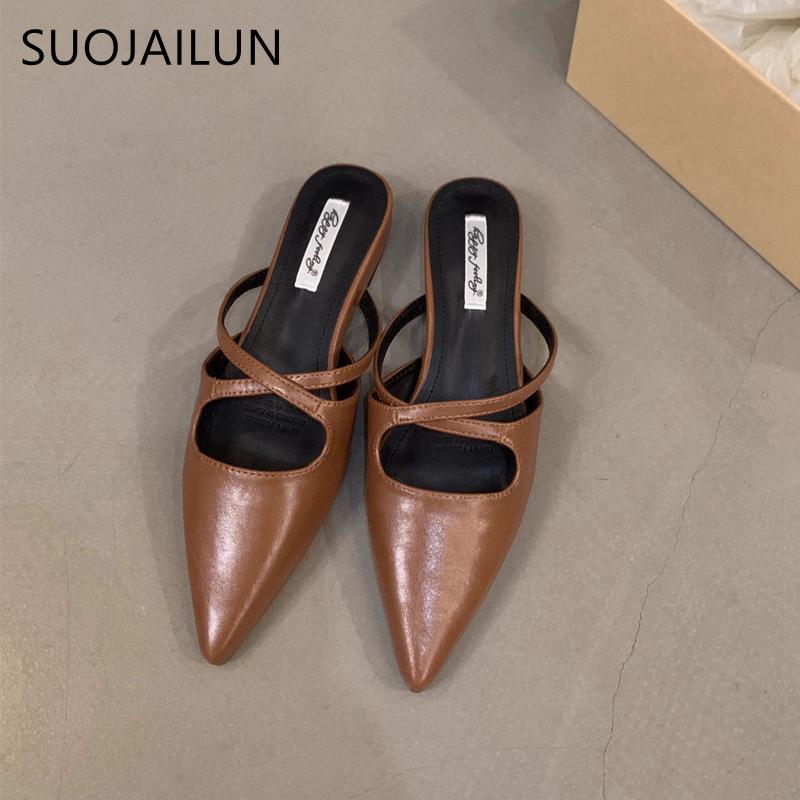Fashion SUOJIALUN 2024 Summer New Women Flat Shoes Fashion Pointed Toe Slip On Mules Shoes Soft Flat Heel Outdoor Vaction Ladies Sandals