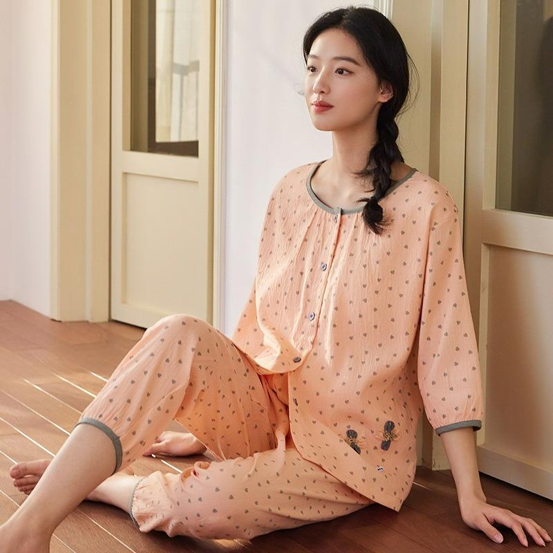 Pajamas Women's Summer Three-quarter Sleeve Home Service Two-piece Suit with Chest Pad Fairy Style Thin Section Cloud Cotton Loose Large Size