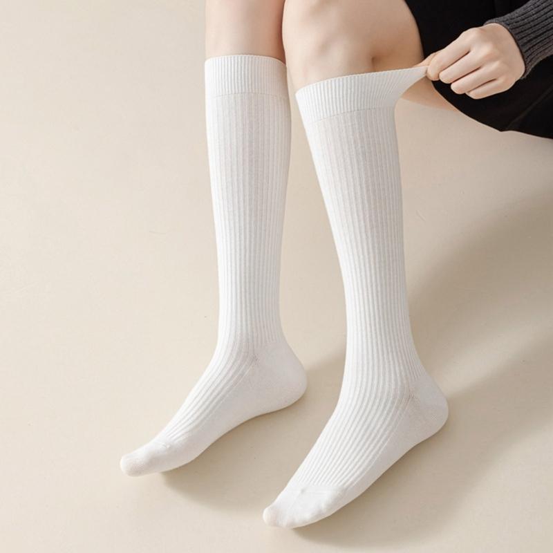 5 Pairs Women Rib Knitted Cotton Over The Calf Socks with Thick Double Stitching Classical Solid Color Knee Length Socks
