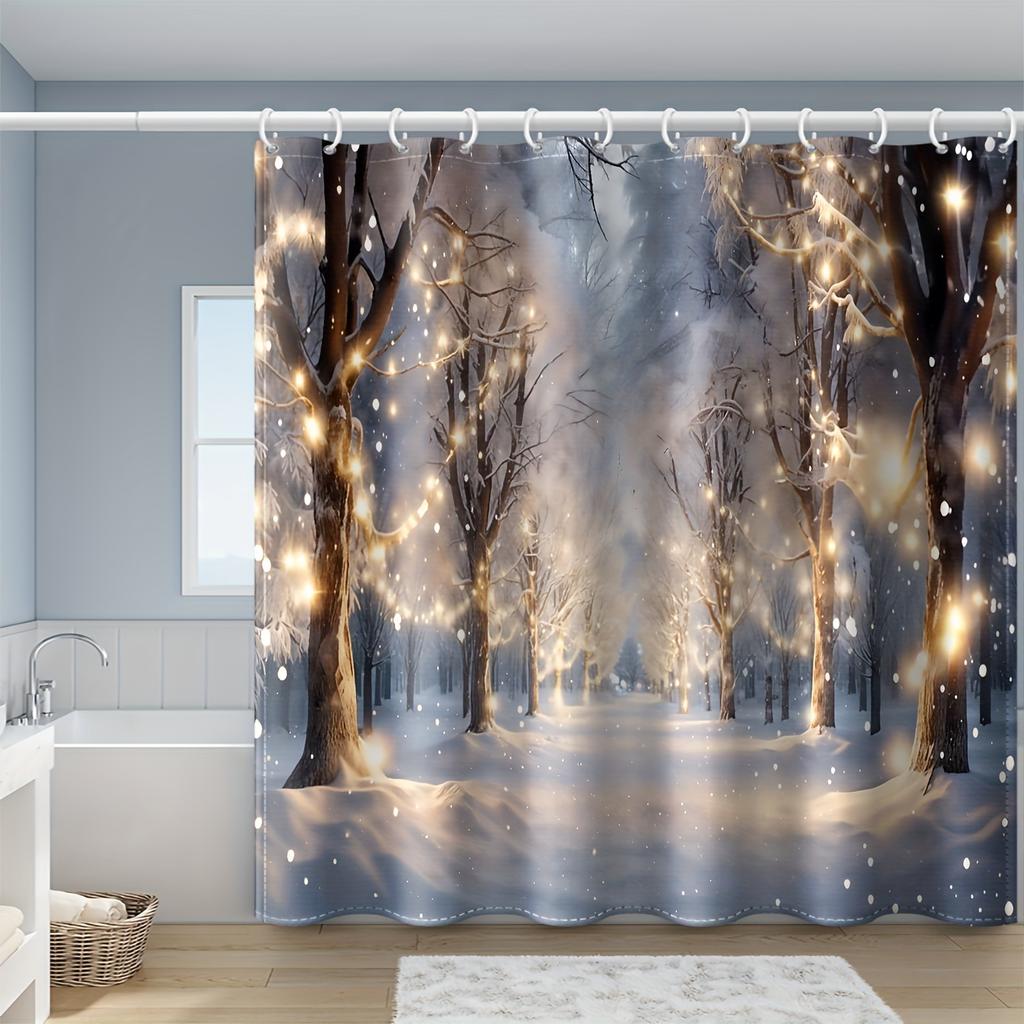 Festive Snowy Forest Shower Curtain: Christmas Lights & Snowflakes, Polyester, Machine Washable, Winter Wonderland Theme.
